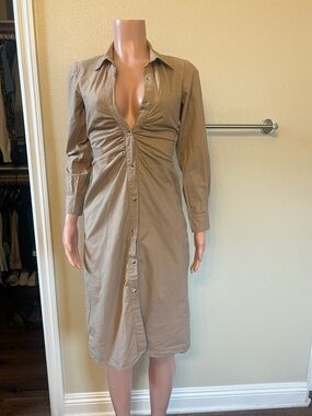 Ruched Button-Front Midi Shirt Dress in Taupe. Size S. Great Fit!